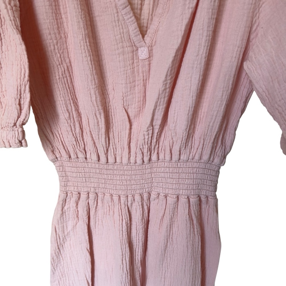 4our Dreamers‎ Pink Gauze Midi Dress Puff Sleeve V Neck Elastic Waist S - Picture 5 of 6
